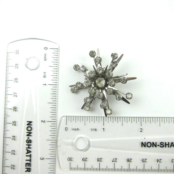 Vintage 1950s Atomic Style Pin Brooch Silver Tone & Rhinestones Snowflake Star - Picture 11 of 12